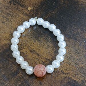 Handcrafted White Faux Pearls Pink Glass‎ Bead Stretch Bracelet 6.5"